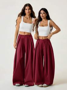 SHEIN PETITE Pantalones casuales de verano con estilo vintage para mujer, pantalones anchos con dobladillo curvo en color verde militar para salir - Burdeos - Ver 6