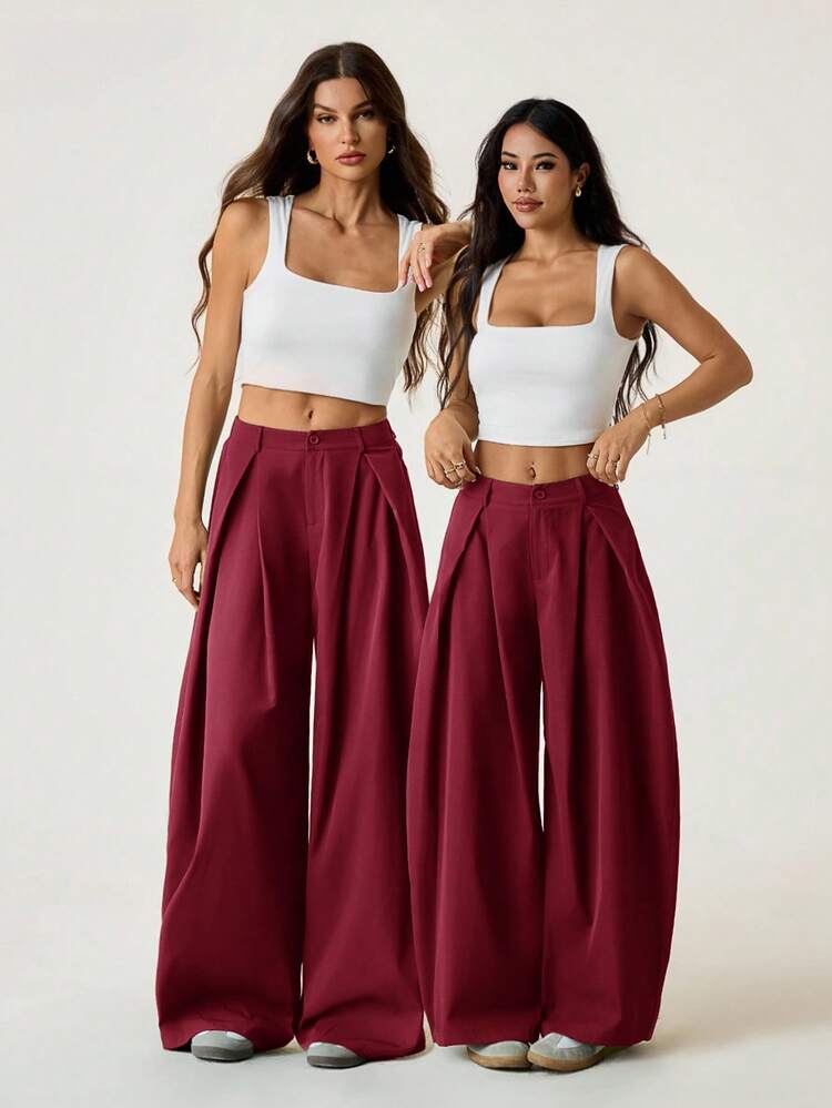 SHEIN PETITE Pantaloni estivi da donna casual e vintage, stile streetwear, pantaloni oversize con orlo curvo verde militare - Bordò - Visualizzare 6