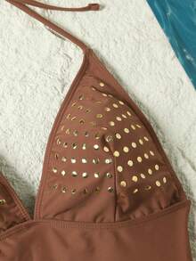 Swim SXY 新款女士挂脖式连体泳衣，金色箔印比基尼，带抽绳 - 棕色 - 查看 4