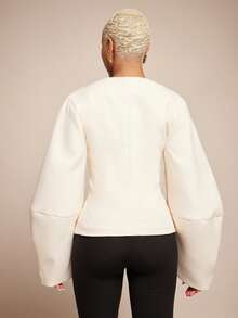 Vixey 纯色纹理编织茧型袖单扣西装外套 - 杏色 - 查看 2