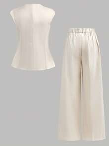 少女优雅金属扣装饰短袖西装衬衫和阔腿裤通勤套装，通勤装，圆领上衣和直筒裤套装，亚麻套装，女童裤装衬衫套装，青少年阔腿裤和上衣两件套裤装，女童裤装两件套，优雅裤装，女士裤装背心套装 - 杏色 - 查看 3