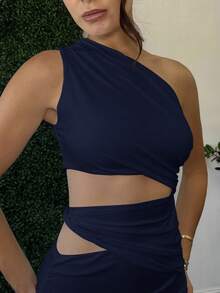 Andrea Bello White Asymmetric Ruched Bodycon High Slit Dress, Beach Resort White Dress, Bohemian Dress - Navy Blue - View 4