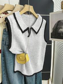 Franclia Oatmeal Grey Knit Vest,Polo Collar Contrast Trim Half-Button Slim Fit Soft Ribbed Sweater For Autumn,Casual School Back-To-School Layering Piece - Light Grey - View 4