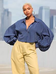 Vixey Stripe Pointed Collar Volume Balloon Sleeve Cropped Button Up Shirt - Blue - View 1