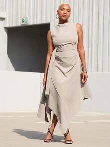 Vixey Woven Sleeveless Asymmetrical Hem Midi Dress - Grey - View 1