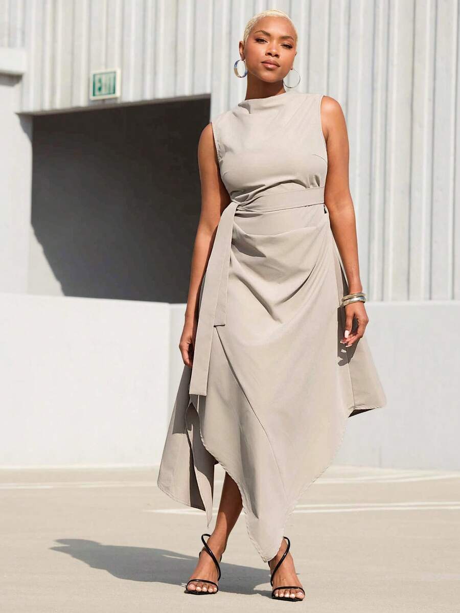 Vixey Woven Sleeveless Asymmetrical Hem Midi Dress - Grey - View 1