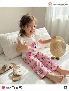 THE HAPPY LOOK 2pcs/Set Young Girl Cartoon Pattern Knit Soft Round Neck Ruffle Sleeveless Top And Elastic Waist Pants - Multicolor - View 1