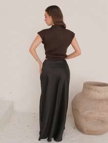 Duda Rubert 优雅高领宽松休闲百搭无袖针织毛衣背心，秋冬棕色毛衣 - 咖啡棕 - 查看 2