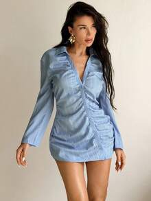 Sirith Women's Striped V-Neck Pleated Casual Versatile Commuting Long Sleeve Shirt - Blue - View 4
