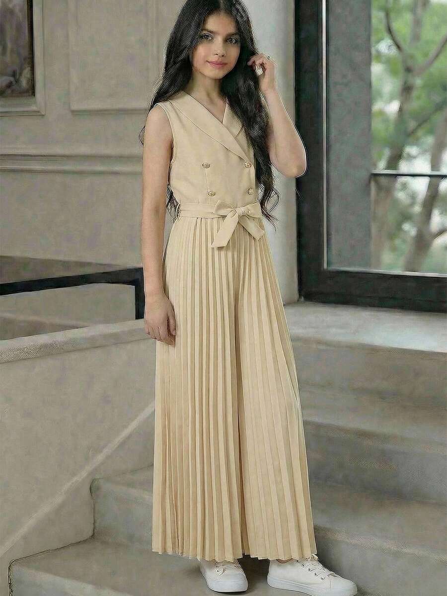 SHEIN Tween Girls Elegant Apricot Collar Double-Breasted Belted Pleated Wide Leg Jumpsuit, Suitable For Vacation, Party, Wedding, Back To School, Graduation And Other Occasions - Apricot - View 1