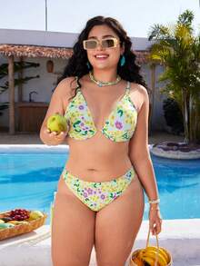 Swim Mod Plus Size Ditsy Floral 2 Pieces Bikini Set With Underwire, Beach Swimwear - Yellow - View 5