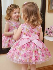 Glamorique Kids Baby Girls' Sleeveless Pink Elegant Summer Flower Girl Dress With Rose Flower Print,Jacquard Fabric,Satin Waist Belt,Tulle Birthday Wedding Party - Pink - View 5
