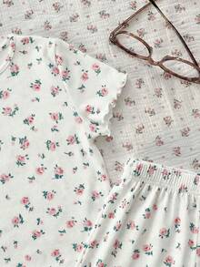 SHEIN LMoss Kids 少女两件套睡衣套装，简约碎花圆领短袖上衣搭配柔软舒适的罗纹裤 - 粉色 - 查看 6