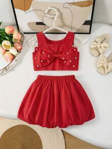 SHEIN Ensemble top et jupe pour jeunes filles élégant avec col carré, décoration de perles et nœud amovible dans le dos - Rouge - Voir 13