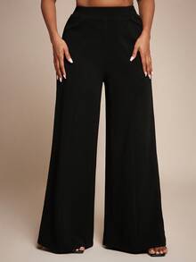 Vixey Textured Knit High Elastic Waistband Seam Detail Wide Leg Pants - Black - View 4