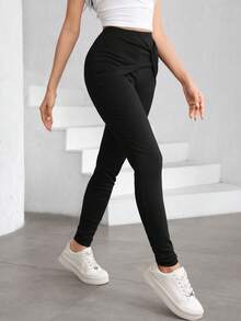 Modelyn Black Elastic Fitted Asymmetrical Hem Leggings With Waist Drawstring, Layered Design Slim Fit Pants For Women - Black - View 3