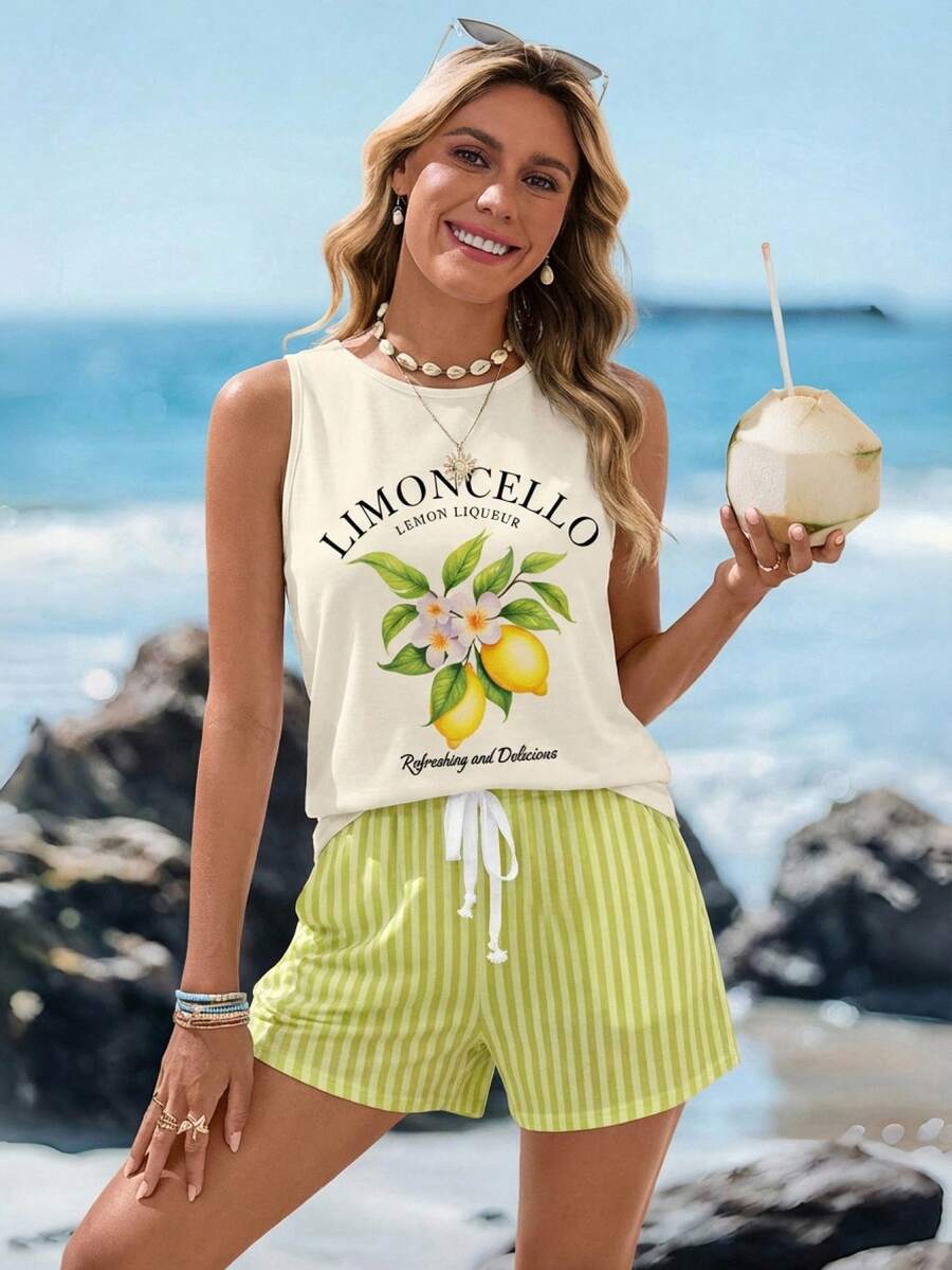 Sylviya 2pcs/Set Women Casual Round Neck Camisole And Shorts Set, Suitable For Summer Carnival - Multicolor - View 1