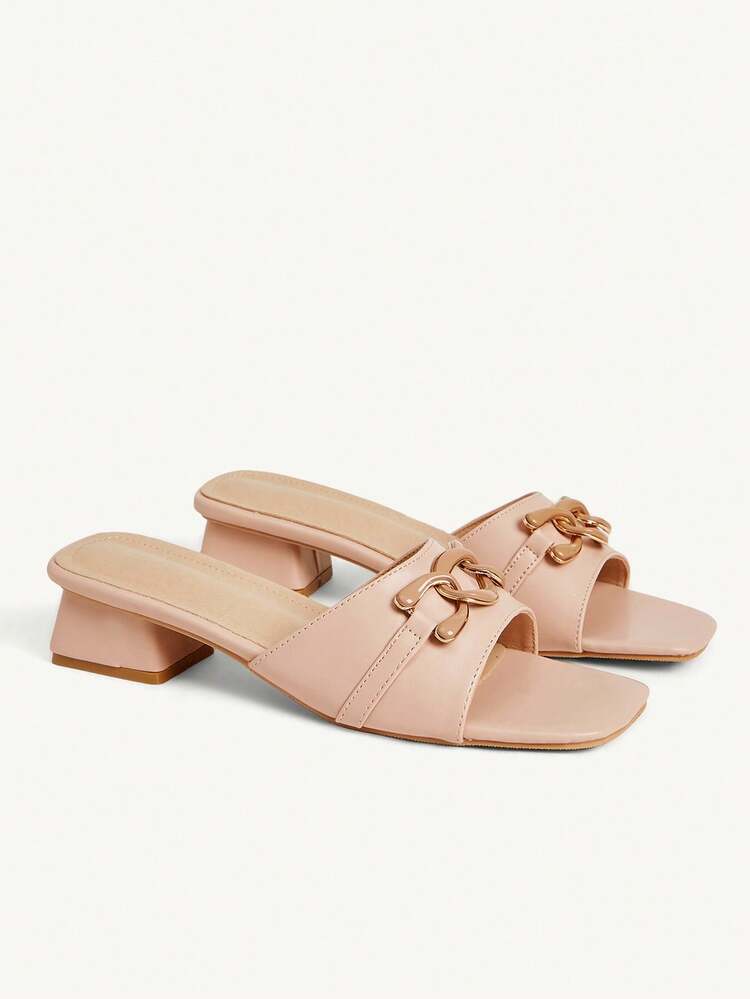 CUCCOO CHICEST Women Shoes Spring And Summer Chain Square Toe 3.5CM Thick Heel Fashion Light Pink PU Leather Thick Heel Slippers Wedding Valentine's Day Wear Wedding Shoes Spring Shoes Bride Shoes