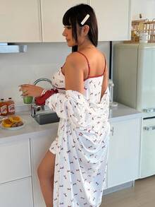 SHEIN 3pcs Women Soft White Butterfly Print Pajama Set, Includes Camisole Shorts And Robe Cherry Outfit Women Cherry Pajamas Pajama Set Women Pajama Set Sexy Sexy Pjs - White - View 2