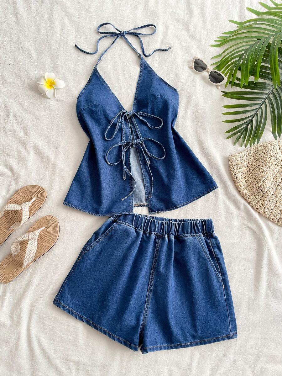 Soleia Women's Knotted Halter Top And Shorts Casual Denim Suit, Daily Wear - Blue - View 1