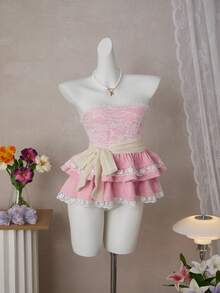 Elegant Sexy Pink Knit With White Lace Trim Camisole, Spring/Summer - Pink - View 3