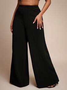 Vixey Textured Knit High Elastic Waistband Seam Detail Wide Leg Pants - Black - View 2