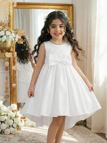 Glamorique Kids 女童高档缎面花卉蕾丝3D刺绣连衣裙，拖尾裙摆，儿童公主裙，花童礼服，适合婚礼、生日派对、舞台表演，饰有大蝴蝶结 - 米色 - 查看 5