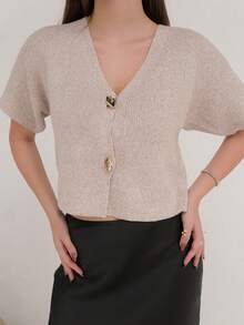 Duda Rubert New Minimalist Fashionable Office Commute Deep V-Neck Short Sleeve Slim Fit Buttoned Cardigan, Versatile Casual,Knitted Sweater In Fall/Winter - Khaki - View 4