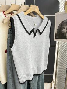 Franclia Oatmeal Grey Knit Vest,Polo Collar Contrast Trim Half-Button Slim Fit Soft Ribbed Sweater For Autumn,Casual School Back-To-School Layering Piece - Light Grey - View 5