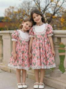 SHEIN LMoss Kids 小女孩碎花彼得潘领修身连衣裙假日装扮 - 粉色 - 查看 5
