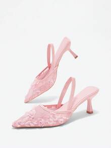 Women's 2-Way Wear Mesh Floral Closed Toe Sandals, 7cm Stiletto High Heel Pointed Toe Roman Casual Slip-On Shoes, Elegant Ankle Strap Pumps - Pink - View 6