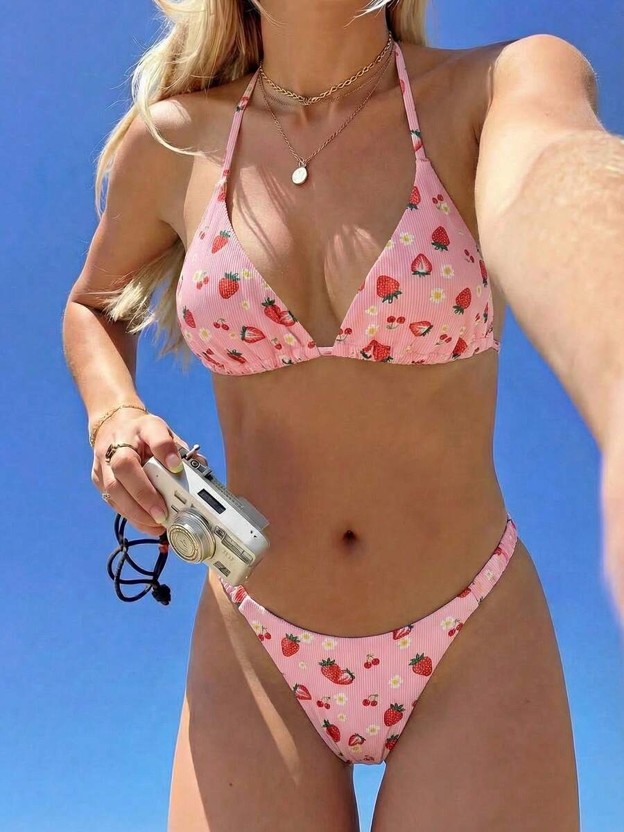 Swim Mod 女士两件式泳衣，时尚可爱水果印花三角上衣，挂脖式设计，搭配普通泳裤，成人沙滩装 - 彩色 - 查看 1