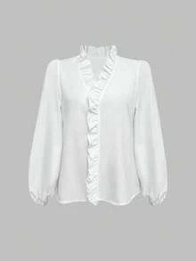 EMERY ROSE Elegant White Silky Summer Shirt For Women,Ruffled Lantern Long Sleeve Blouse,Plus Size Autumn Clothing,Everyday Work Elegant White Ruffle Blouses - White - View 3