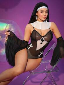 4pcs Black & White Role Play Deep V Mesh Patchwork Sheer Lingerie Set - White - View 3