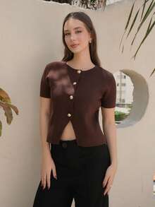 Duda Rubert Cárdigan casual de mujer de manga corta, cuello redondo, con botones delanteros, de unicolor y delgado - Café integral - Ver 1
