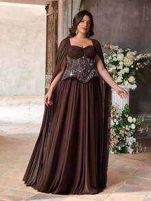 Aureia Đầm dạ hội sang trọng, màu nâu cà phê, cổ hình trái tim, tay bồng, thêu đính cườm, thiết kế xếp nếp, dáng chữ A, phù hợp cho mọi dịp trang trọng, mùa cưới, dạ tiệc (thiết kế được trang trí cầu kỳ). - Cà phê nâu - Xem 9