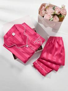Girls Champagne Striped Long Sleeve Cardigan And Pants 2 Pieces Pajama Set - Hot Pink - View 5