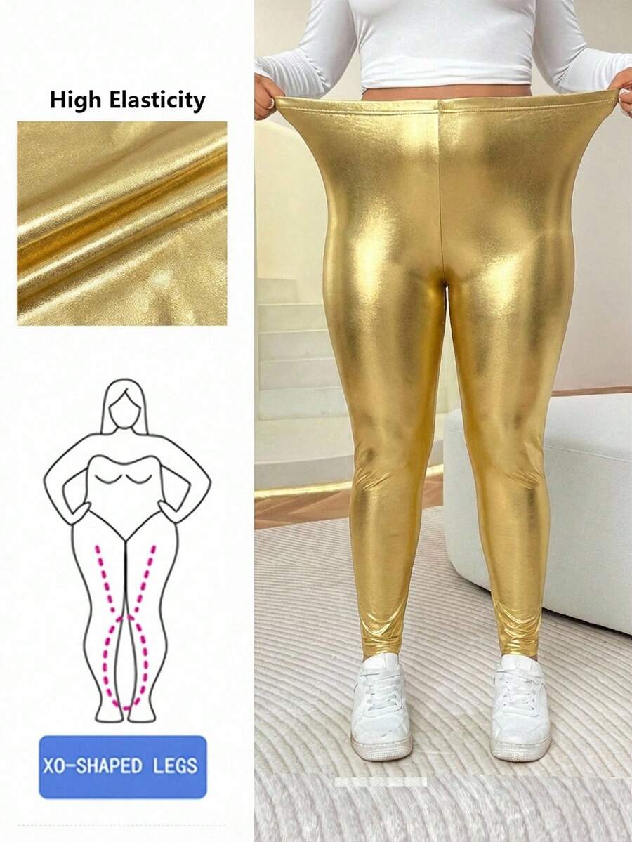SHEIN EZwear 大码女式纯色休闲百搭日常穿着打底裤 - 金色 - 查看 1