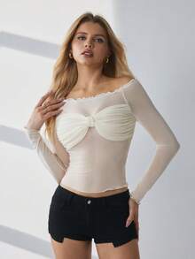 SHEIN Women's Solid Color Twist Design Mesh Raglan Sleeve Loungewear Top - White - View 3