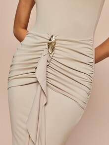 Olia Maree Women's Elegant Beige Summer One Shoulder Maxi Dress, Bodycon Ruched Waist Design With Metal Ring Decor,Formal Long Dress For Day Party,Classic - Khaki - View 7
