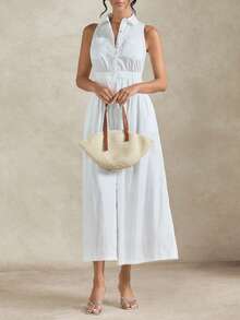 Dayvera Women's Casual Solid Color Single-Breasted Sleeveless Dress,Summer Dresses For Women,Summer Outfits ,Summer Holiday Outfits ,Valentine's Day ,Beach Outfit,Going Out Outfits ,Valentine's Day Dress,Party Dresses For Women,Elegant Party Dresses ,Beach Dress,Wedding Guest Dress For ,Elegant Dress For Women Women,Casual Dresses For Women,Casual Long Dresses ,White Dress - White - View 4