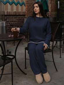 Andrea Bello 2件套女士撞色针织毛衣和裤子套装 - 藏蓝色 - 查看 4