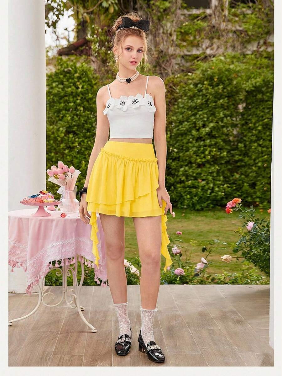 SHEIN MOD Black Ruffle Chiffon Date Night Asymmetric Solid Frill Trim Ruffle Hem Skirt,Flamenco Skirt - Pale Yellow - View 1