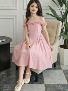 1pc Light Pink Summer Elegant Flower Girl Girls' Woven Off-Shoulder Adjustable Strap Dress,Custom Floral Lace Trim Zipper Back Formal Wedding Gown - Pink - View 4