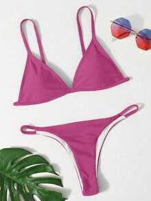 Swim Basics 2026春夏新款女士泳装上市，适合度假、约会、西部风情、邮轮、海滩、海岛、公路旅行、四季皆宜、音乐节、波西米亚风度假、秋日休闲等场合。Y2K风格女士夏季纯色系带露背性感比基尼泳装套装 - 玫紅色 - 查看 1