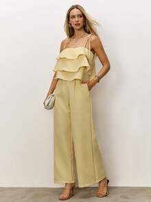 Daynim Tie Shoulder Layered Ruffle Trim Wide Leg Cami Jumpsuit - Yellow - View 1