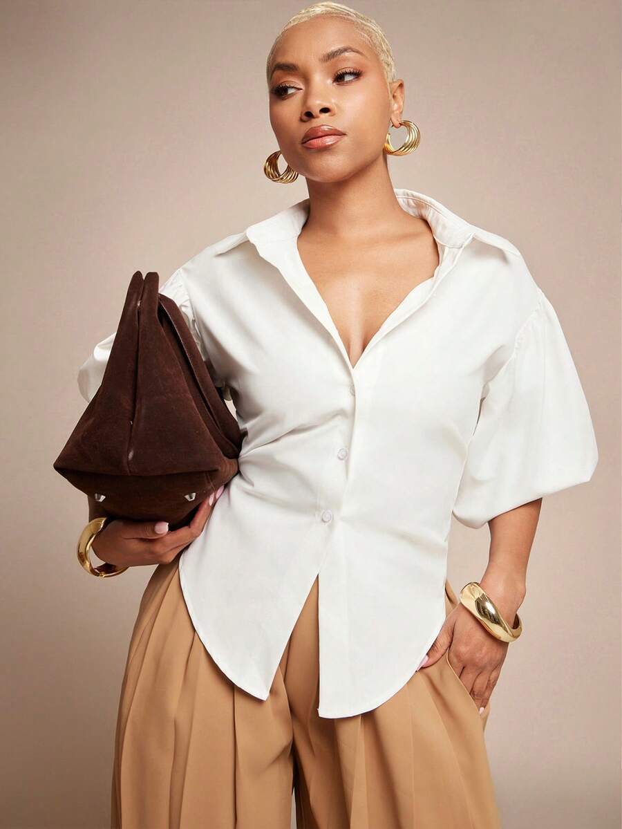 Vixey 纯色系带后领纽扣长袖上衣 - 白色 - 查看 1