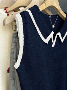 Franclia Navy Blue And White,Back-To-School,Autumn,Casual,Occasion,School Contrast Trim Knit Vest,Polo Collar Half-Button Slim Fit Soft Ribbed Retro Sweater - Navy Blue - View 5