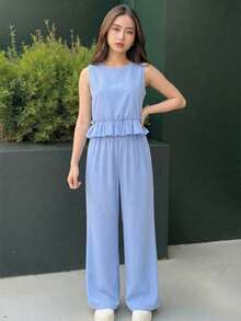 SHEIN 2pcs/Set Girls Elegant Light Blue Summer Tea Party Vacation Camisole Set,Solid Color Ruffle Collar Top And Wide Leg Pants Set With Back Strap Design - Blue - View 4