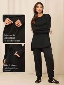 GLOWMODE Pantalones jogger X Reem Modest de ajuste relajado, con protección solar y refrigeración rápida, cintura ajustable con cordón, bolsillos laterales, para entrenamiento, running, gimnasio y uso diario activo - Negro - Ver 4